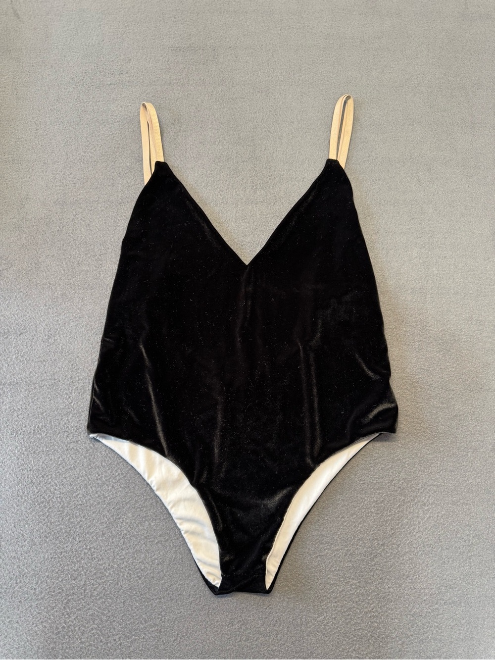 JYork The Label Black Velvet Bodysuit with Cream Straps